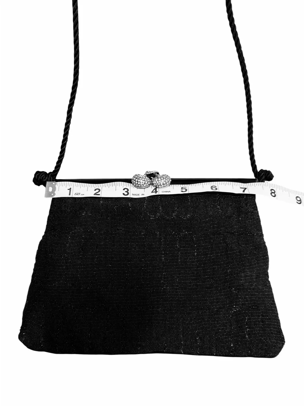 Vintage Black Micro Beaded Evening Bag Rhinestone Cherry Clasp Clutch